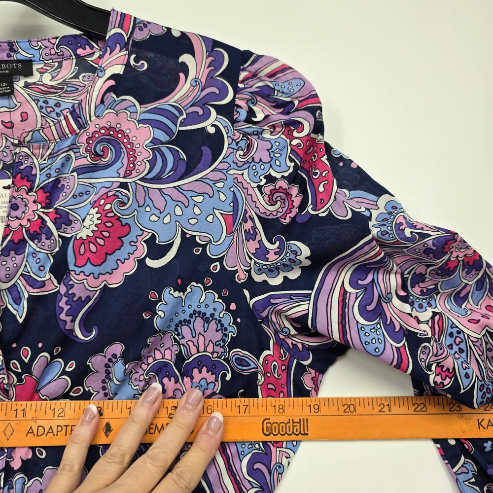 Talbots NEW Paisley Floral Shirt Dress Women 12P Blue Pink Cotton Belted Pockets - Picture 5 of 12